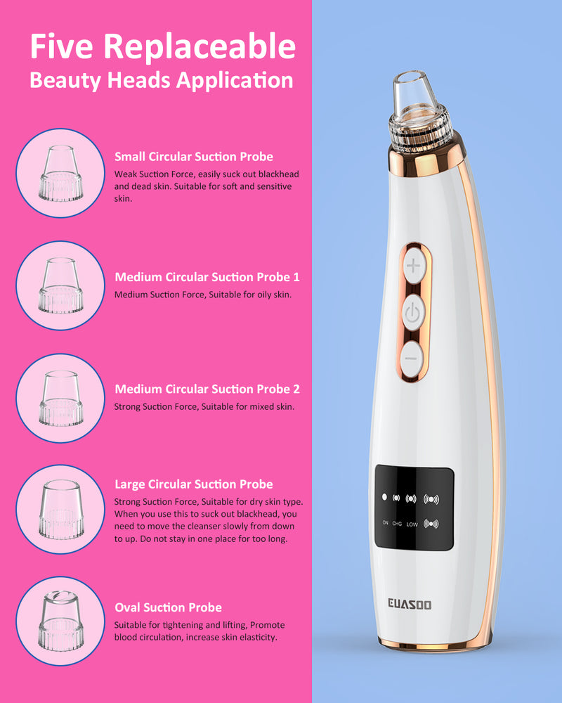 EUASOO Blackhead Remover Pore Vacuum Facial Pore Cleanser Electric Acne Comedone Extractor Kit USB Rechargeable Face Blackhead Suction Tool with 5 Adjustable Suction for Skin Treatment