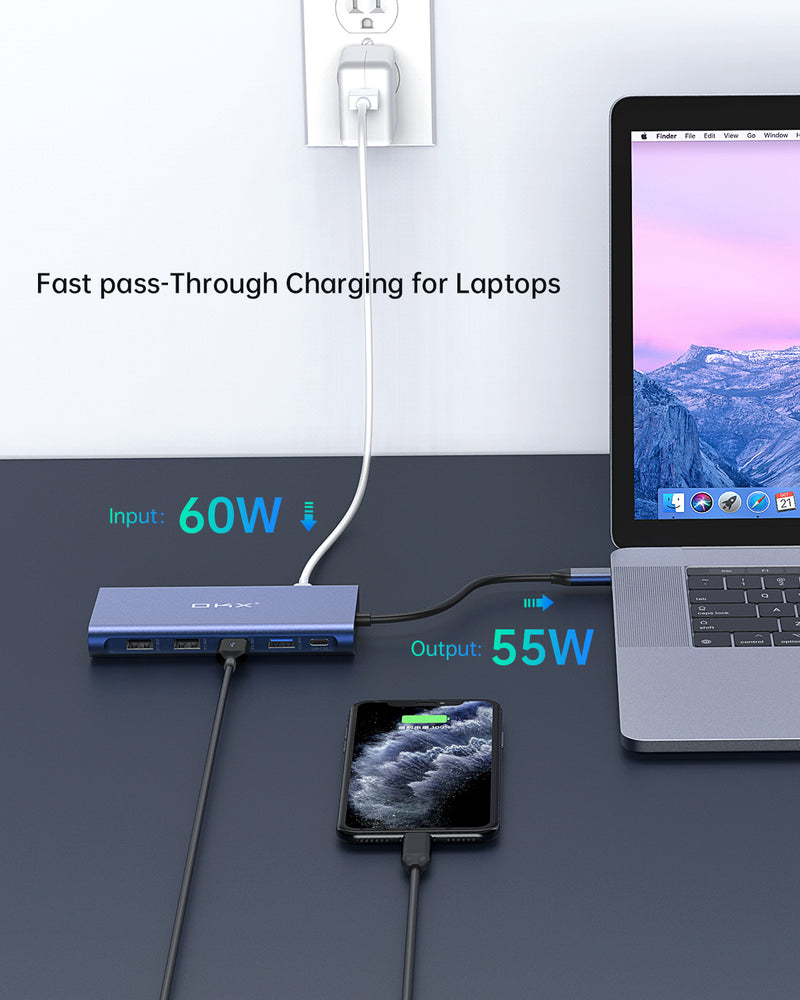 OKX USB C Hub, 12 in 1 USB C Docking Station with Dual 4K HDMI/DP, Gigabit Ethernet, PD 3.0, USB-C Port, 4 USB-A Ports for MacBook Pro and Type-C Laptops, Windows Laptops Support Triple Display