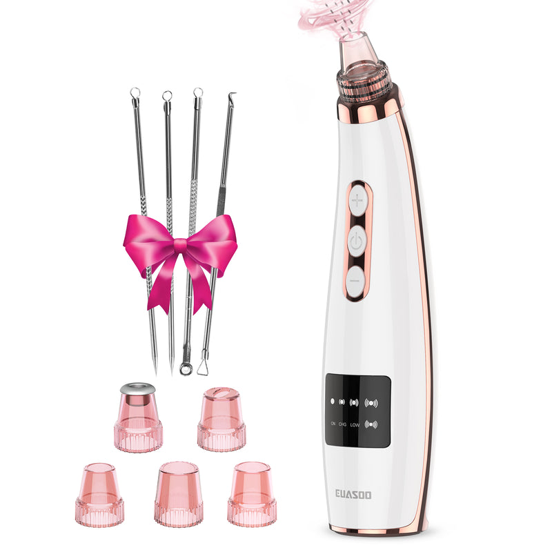Blackhead Remover Pore Vacuum EUASOO Electric Rechargeable Facial Cleaner Blackhead Acne Comedone Pimple Extractor 5 Suction Probes, Pore Vacuum Blackhead Whitehead Removal Kit Cleaning Tool(Pink)