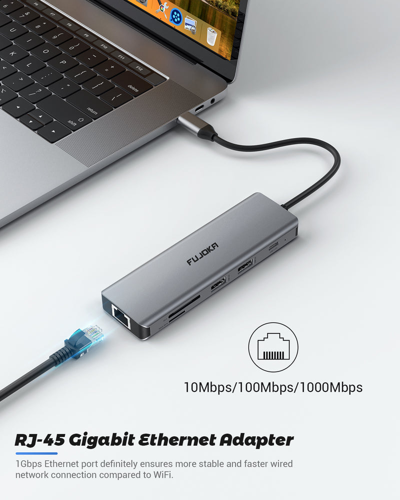 USB C Hub, Fujoka USB C Adapter, 10 in1 Multiport Adapter Dongle 1000M RJ45 Ethernet, 4K HDMI, USB 3.0 Ports, 100W PD Charging Port, Compatible for MacBook Pro, Chromebook, XPS and USB C Laptop