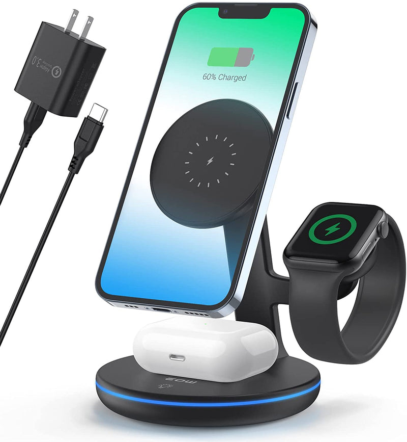 EOW 15W 3in1 Wireless Charging Station for iPhone 12 13 Pro/Pro Max/Mini,AirPods Pro/2,Apple Watch All Generations,MagSafe Charger Qi-Certified Phone Stand(QC3.0 Adapter)